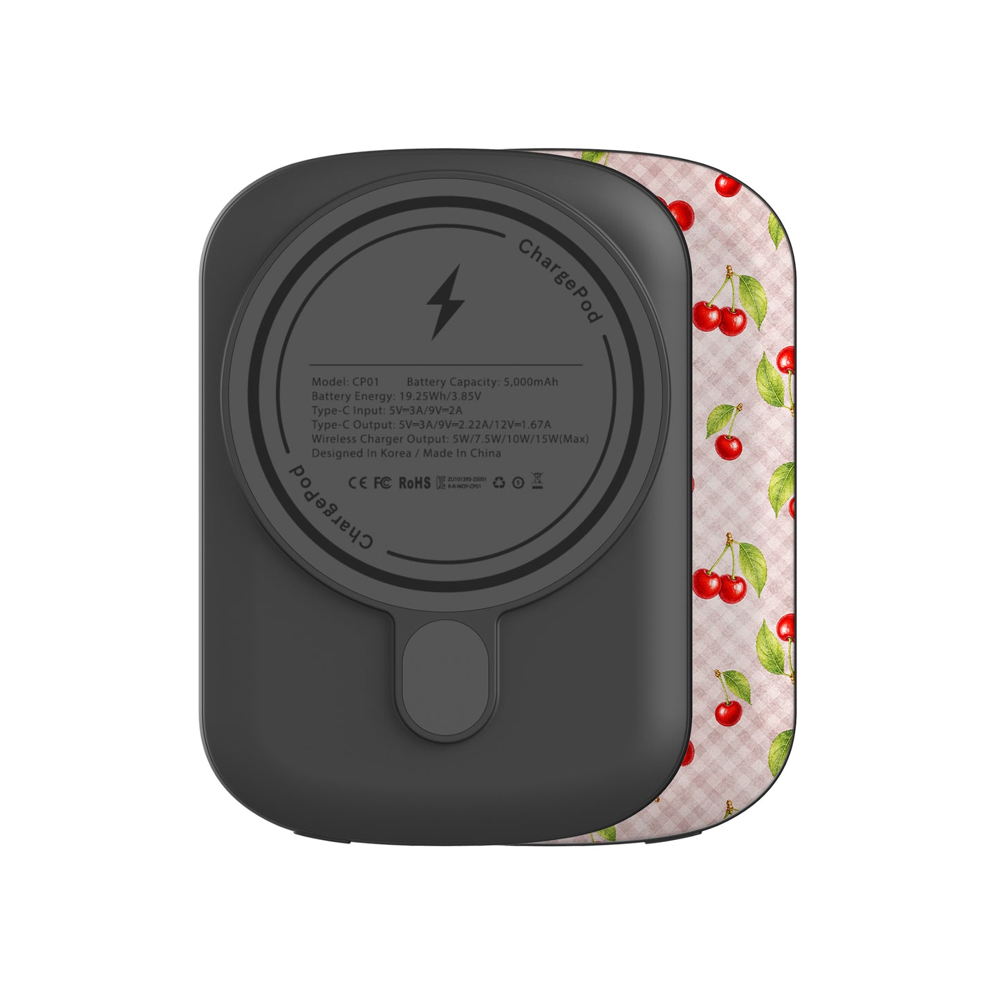 Cherry Jubilee 5000mAh Magnetic Power Bank with scattered watercolour red cherries on soft pink gingham
