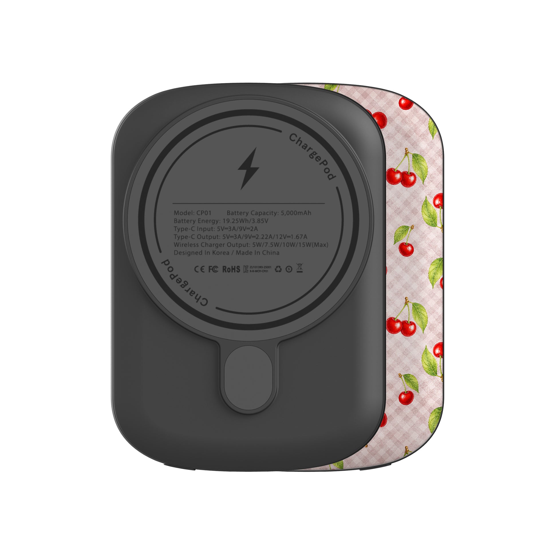 Cherry Jubilee 5000mAh Magnetic Power Bank with scattered watercolour red cherries on soft pink gingham
