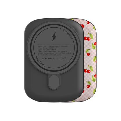 Cherry Jubilee 5000mAh Magnetic Power Bank with scattered watercolour red cherries on soft pink gingham

