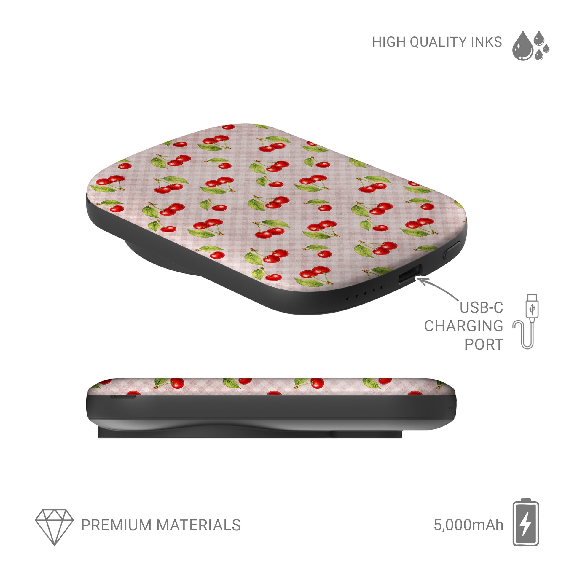 Cherry Jubilee 5000mAh Magnetic Power Bank with scattered watercolour red cherries on soft pink gingham
