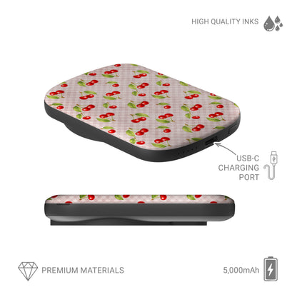Cherry Jubilee 5000mAh Magnetic Power Bank with scattered watercolour red cherries on soft pink gingham
