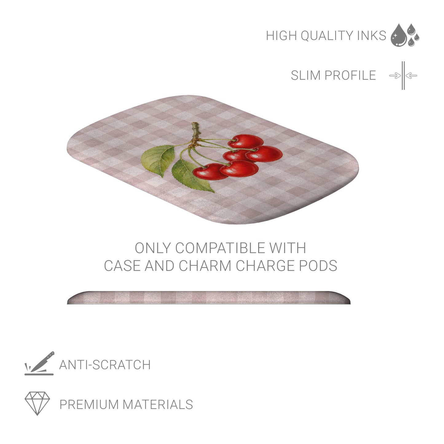 Ruby Bough Power Bank Skin with watercolour fruiting cherry branch on dusty pink gingham

