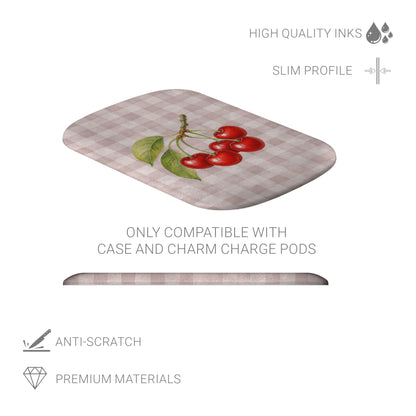 Ruby Bough Power Bank Skin with watercolour fruiting cherry branch on dusty pink gingham
