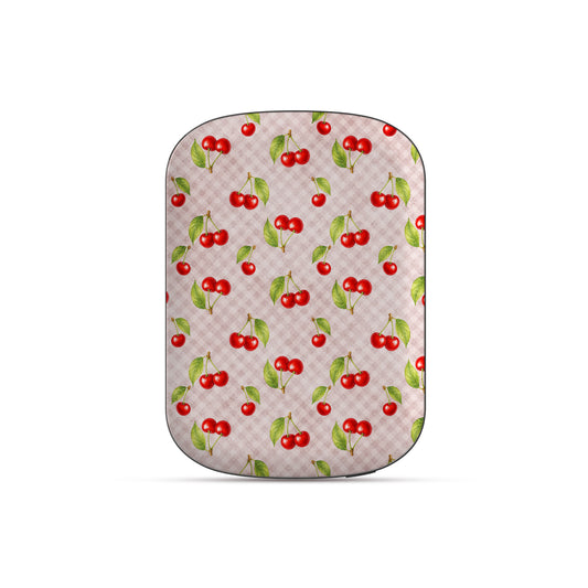 Cherry Jubilee Power Bank Skin with scattered watercolour red cherries on soft pink gingham
