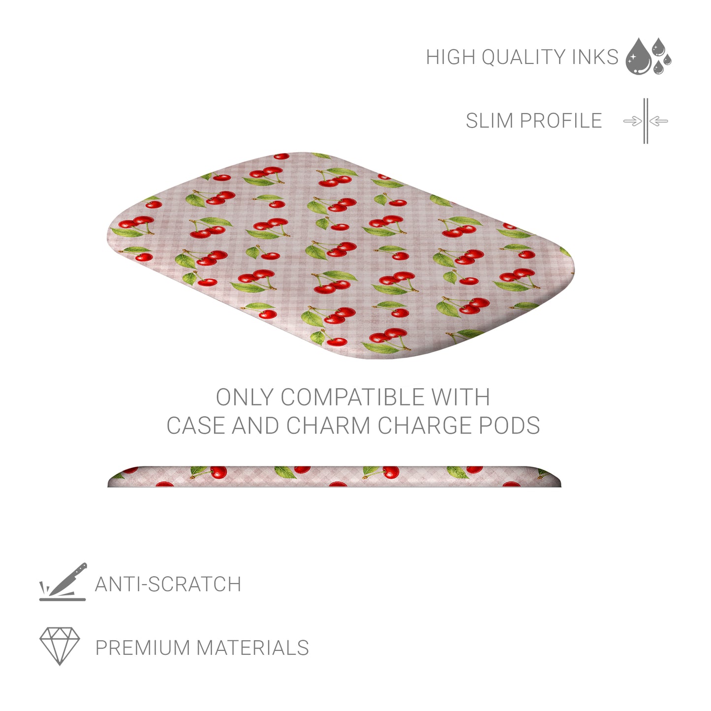 Cherry Jubilee Power Bank Skin with scattered watercolour red cherries on soft pink gingham
