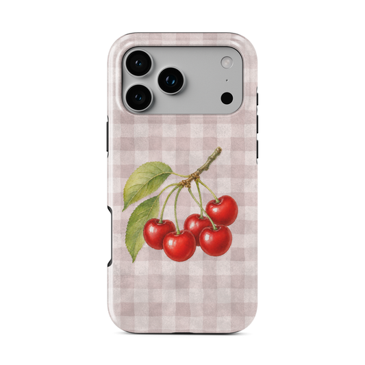 magsafe phone case, tough magsafe case, dual layer case, botanical cherry, cherry phone case, cherry branch case, watercolour cherry, vintage cherry case, fruit phone case, pink gingham case, ruby bough, cherry art case, magnetic phone case
