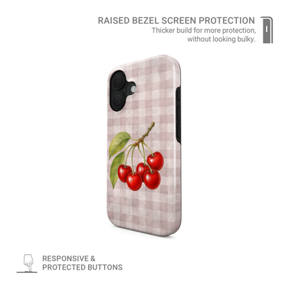 magsafe phone case, tough magsafe case, dual layer case, botanical cherry, cherry phone case, cherry branch case, watercolour cherry, vintage cherry case, fruit phone case, pink gingham case, ruby bough, cherry art case, magnetic phone case
