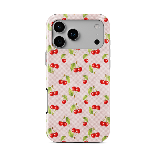 Cherry Jubilee MagSafe Tough Phone Case with scattered watercolour red cherries on soft pink gingham
