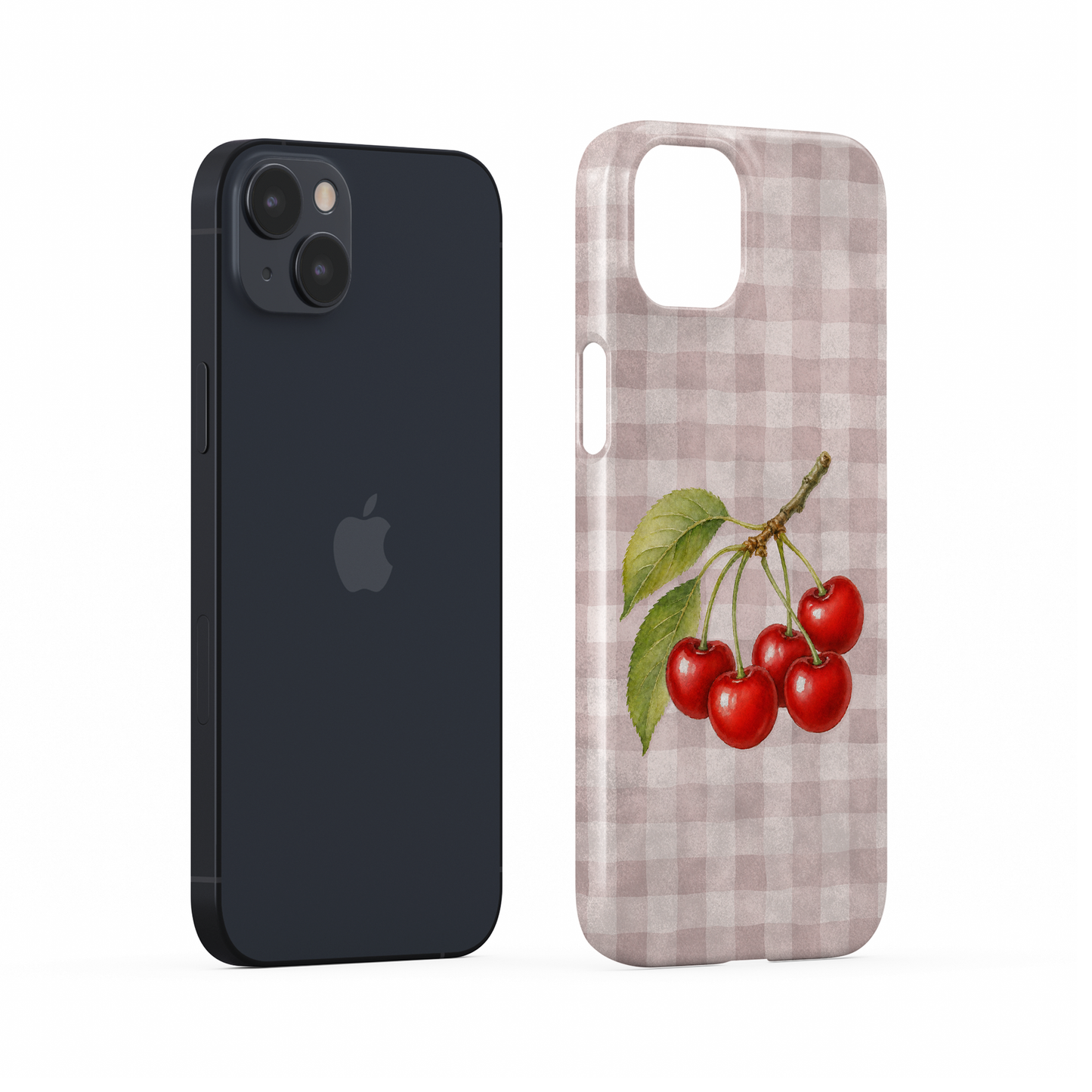 Ruby Bough Snap Phone Case with watercolour fruiting cherry branch on dusty pink gingham

