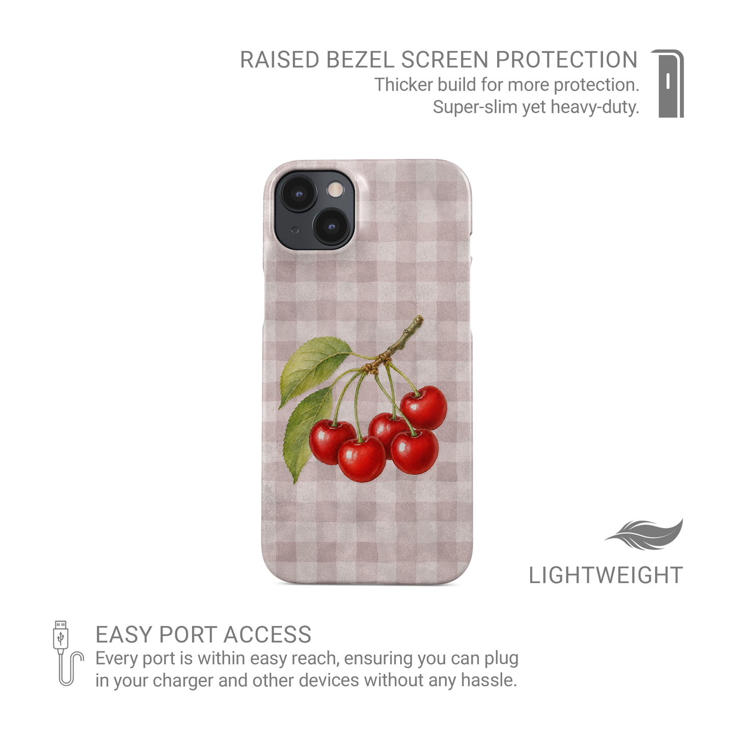 Ruby Bough Snap Phone Case with watercolour fruiting cherry branch on dusty pink gingham
