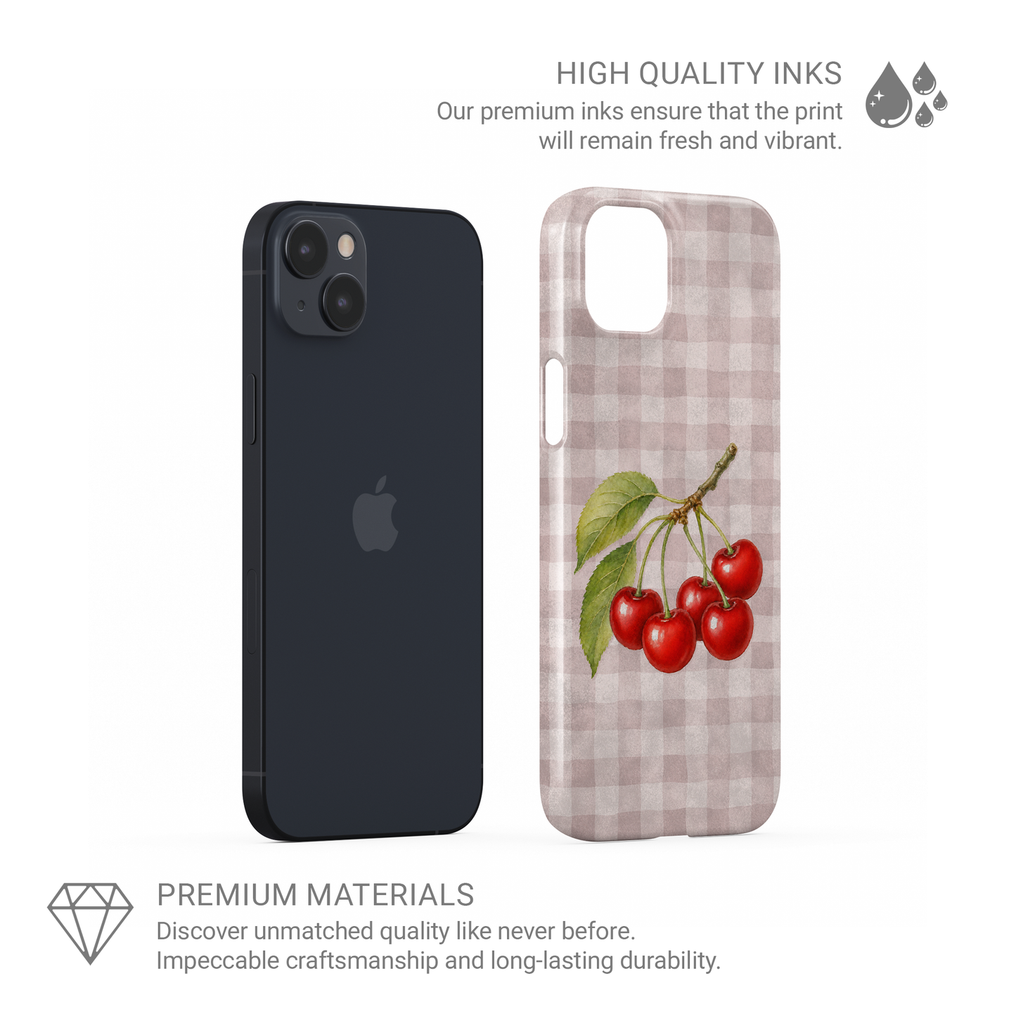 Ruby Bough Snap Phone Case with watercolour fruiting cherry branch on dusty pink gingham
