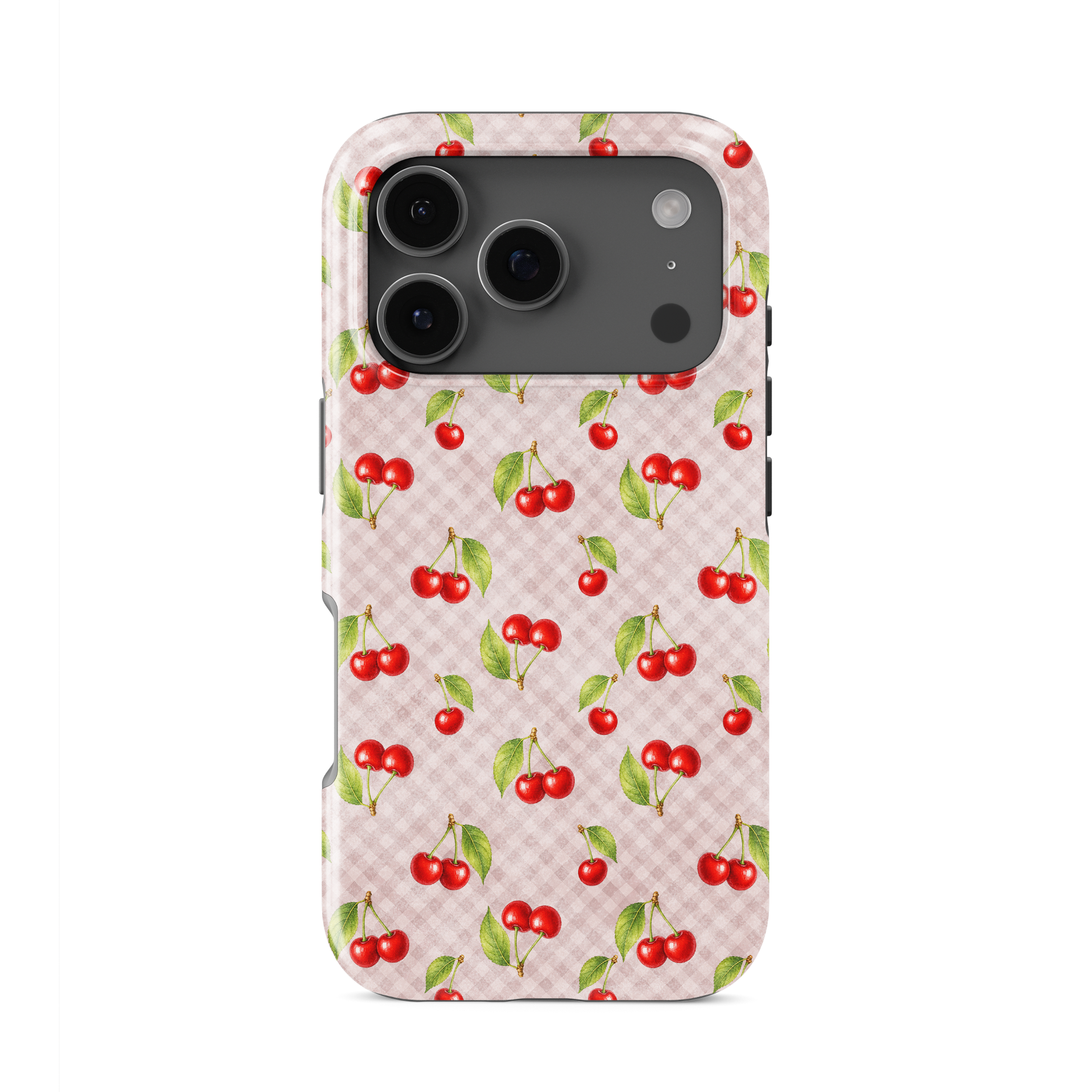 Cherry Jubilee Tough Phone Case with scattered watercolour red cherries on soft pink gingham
