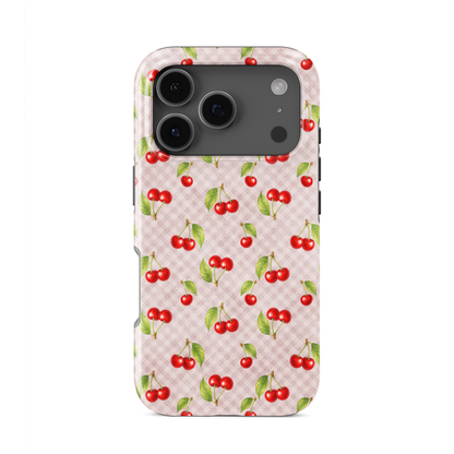 Cherry Jubilee Tough Phone Case with scattered watercolour red cherries on soft pink gingham
