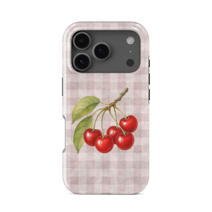 Ruby Bough Tough Phone Case with watercolour fruiting cherry branch on dusty pink gingham
