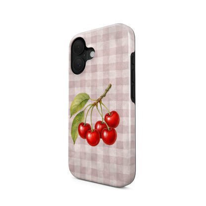 Ruby Bough Tough Phone Case with watercolour fruiting cherry branch on dusty pink gingham
