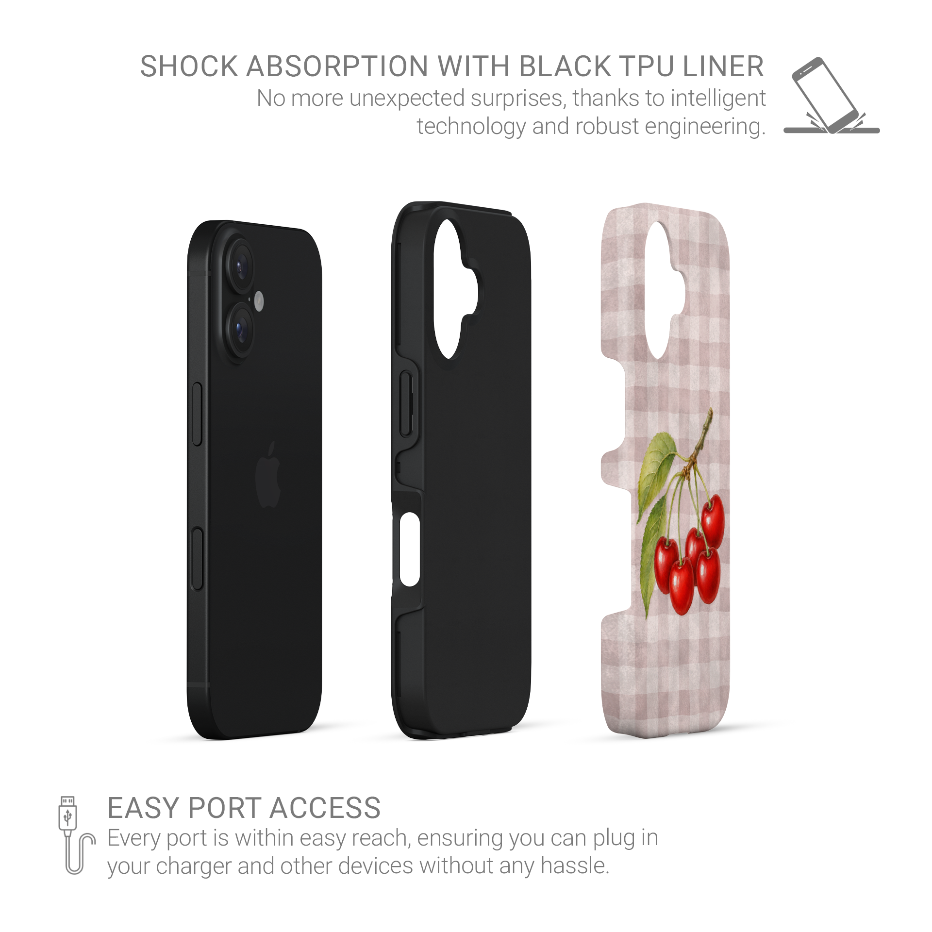 Ruby Bough Tough Phone Case with watercolour fruiting cherry branch on dusty pink gingham
