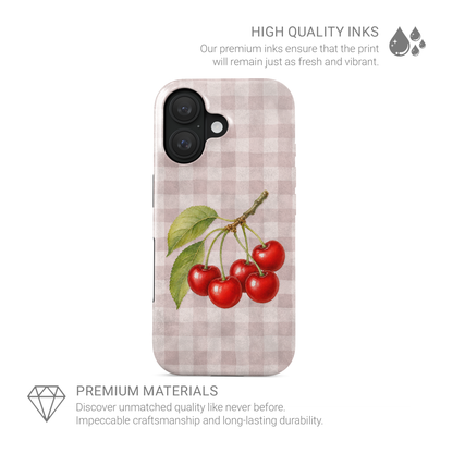 Ruby Bough Tough Phone Case with watercolour fruiting cherry branch on dusty pink gingham

