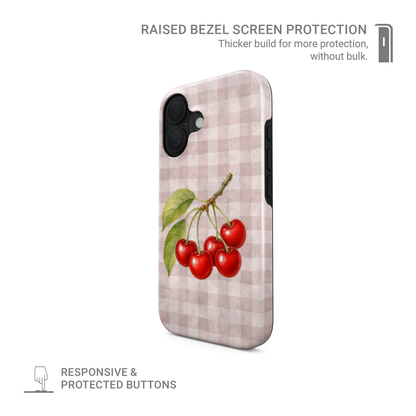 Ruby Bough Tough Phone Case with watercolour fruiting cherry branch on dusty pink gingham
