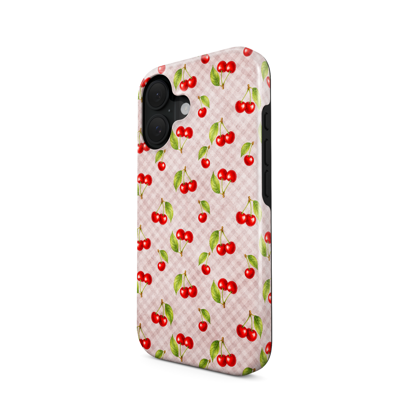 Cherry Jubilee Tough Phone Case with scattered watercolour red cherries on soft pink gingham
