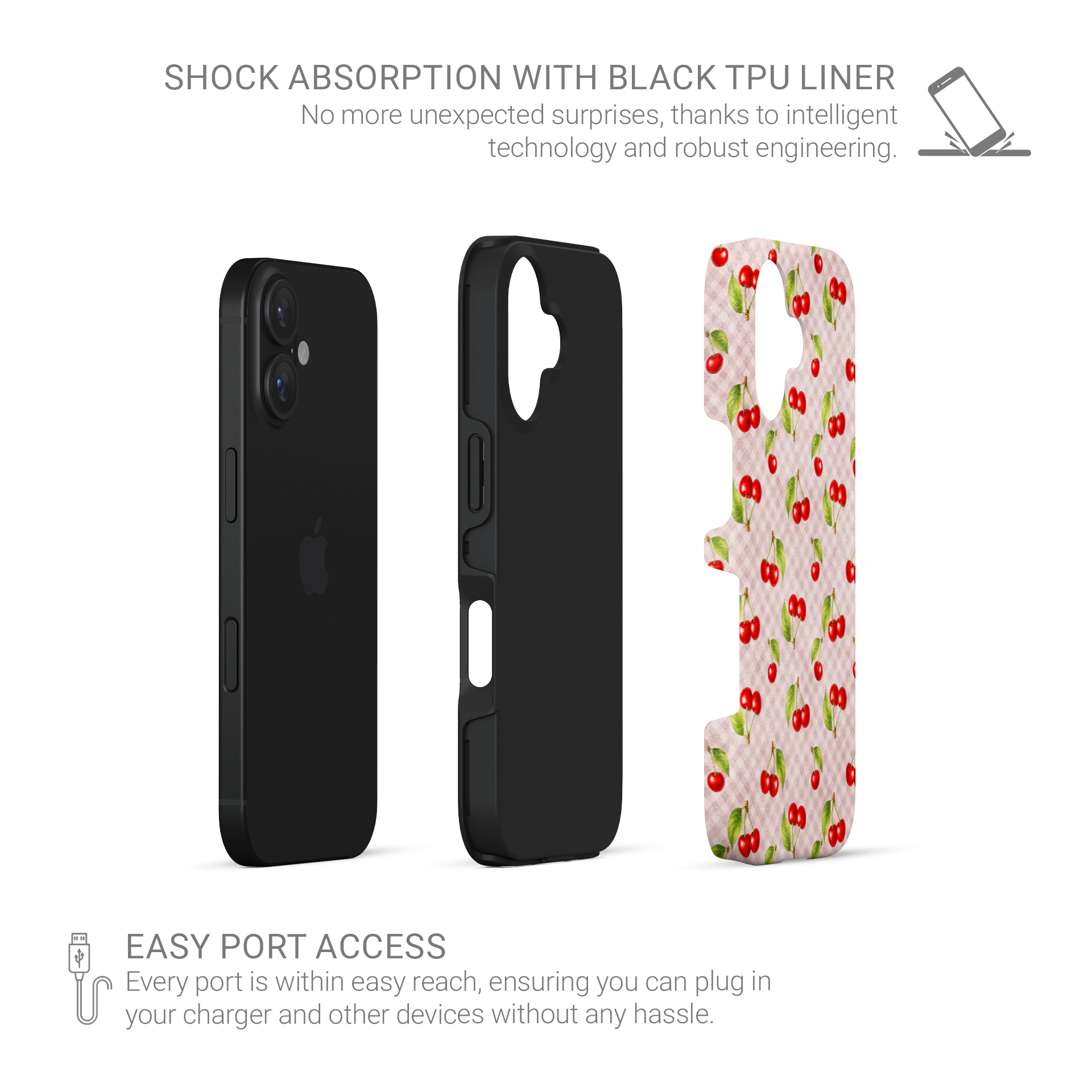 Cherry Jubilee Tough Phone Case with scattered watercolour red cherries on soft pink gingham
