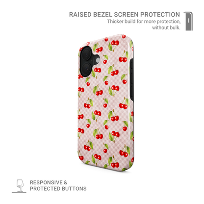 Cherry Jubilee Tough Phone Case with scattered watercolour red cherries on soft pink gingham
