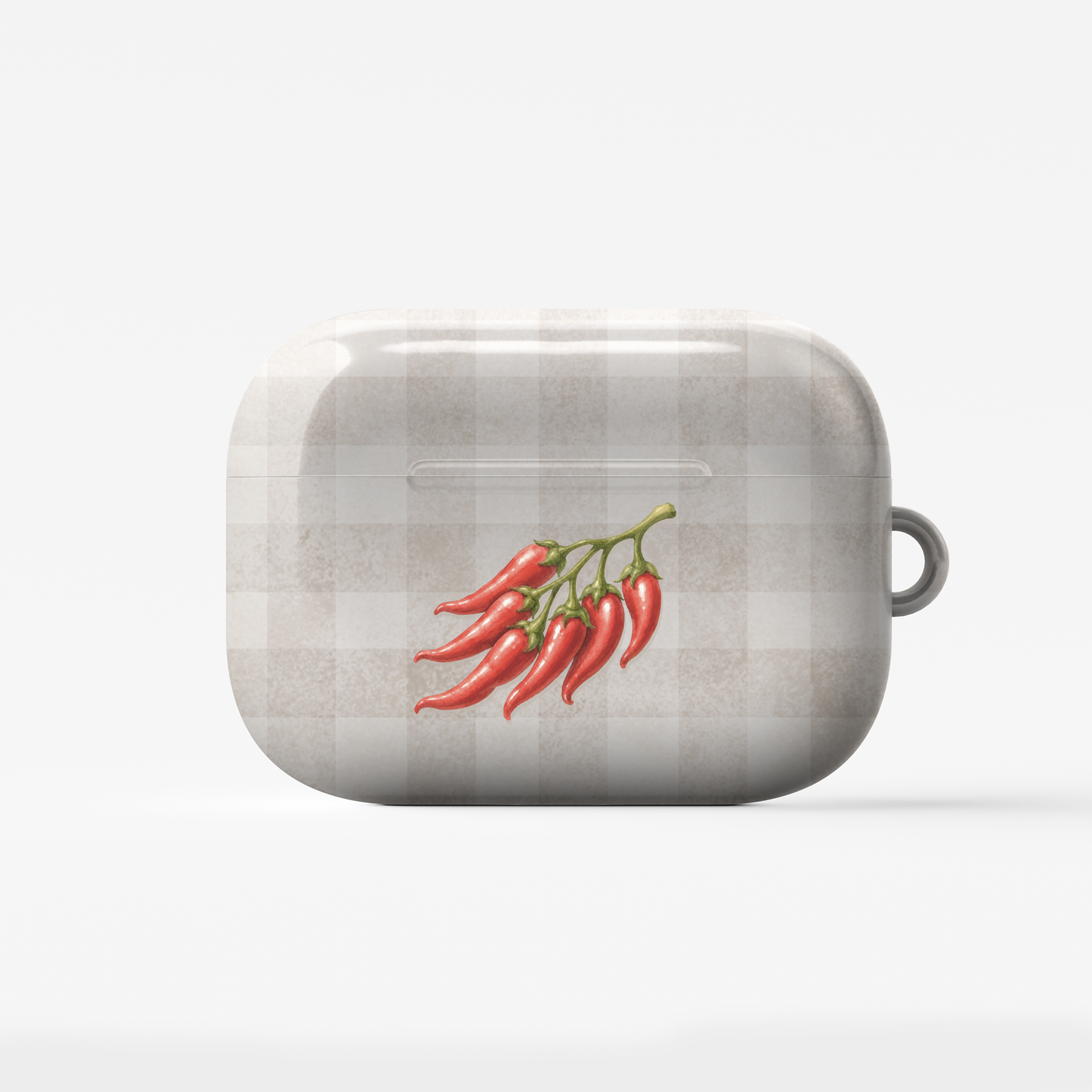 Scarlet Spice AirPods Case with watercolour red chillies on soft cream gingham
