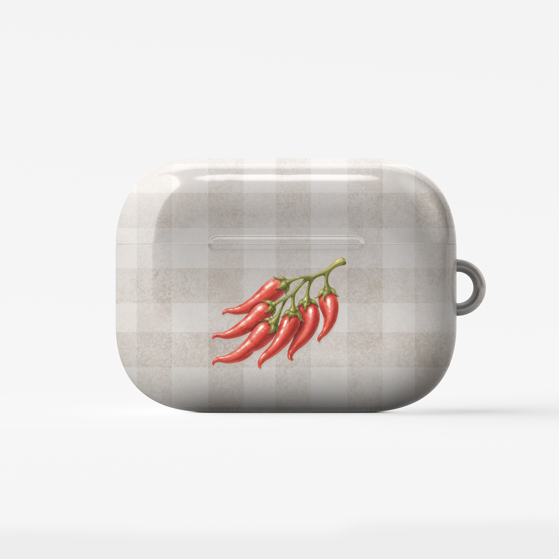 Scarlet Spice AirPods Case with watercolour red chillies on soft cream gingham
