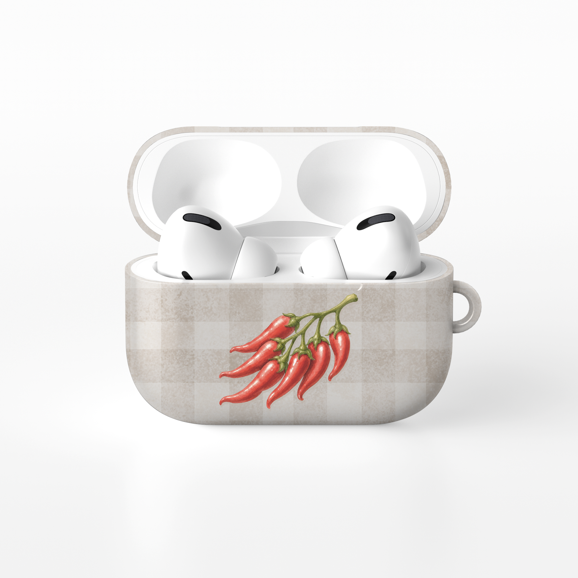 Scarlet Spice AirPods Case with watercolour red chillies on soft cream gingham
