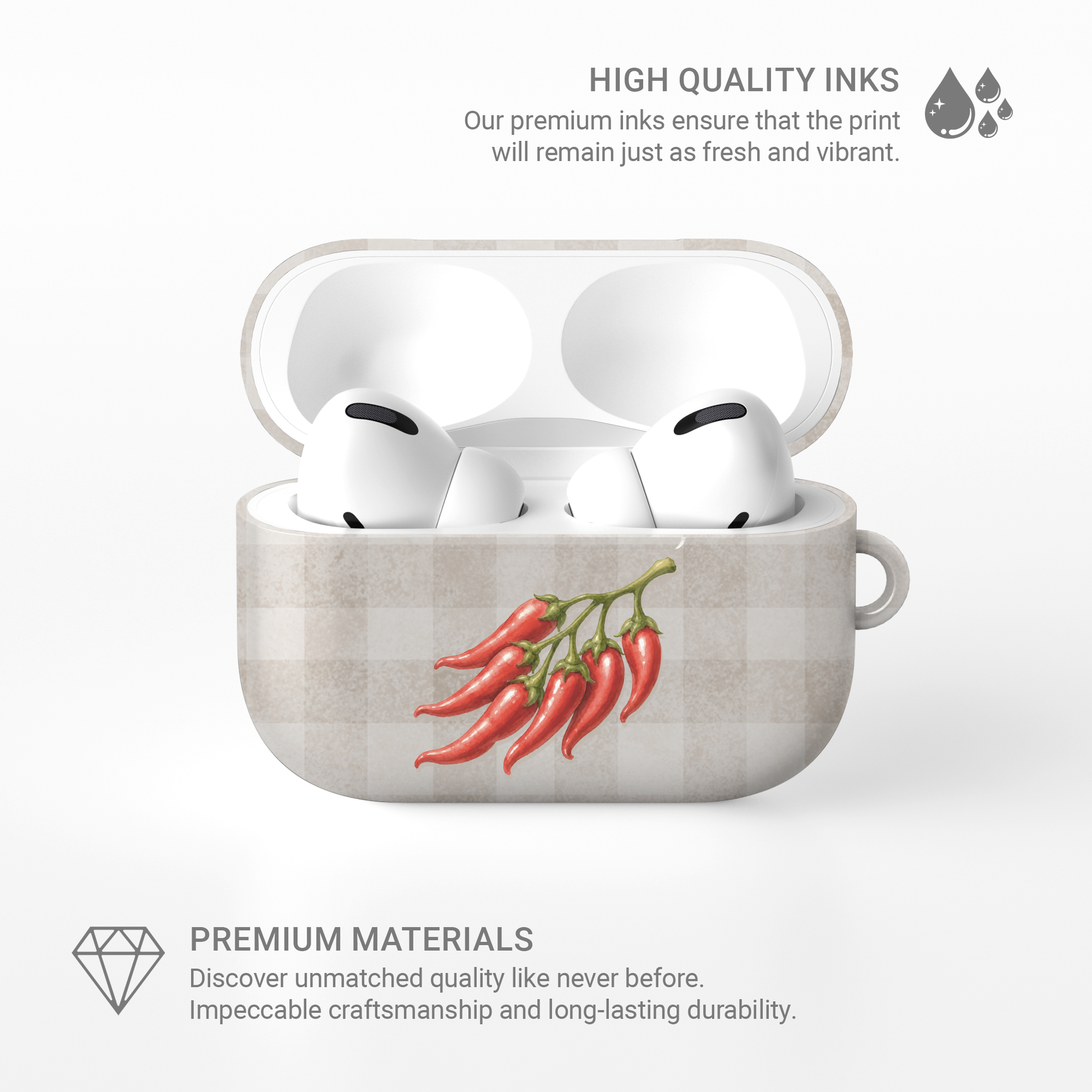 Scarlet Spice AirPods Case with watercolour red chillies on soft cream gingham
