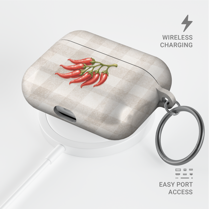 Scarlet Spice AirPods Case with watercolour red chillies on soft cream gingham
