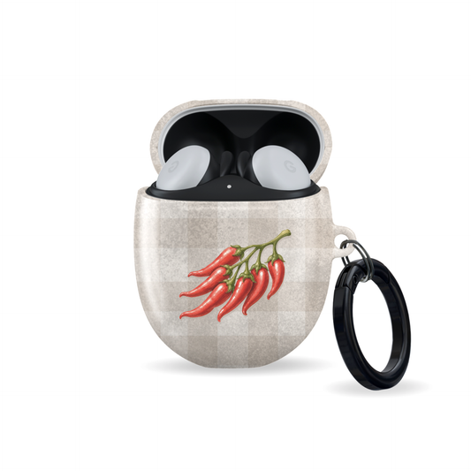 Scarlet Spice Google Pixel Buds Case with watercolour red chillies on soft cream gingham
