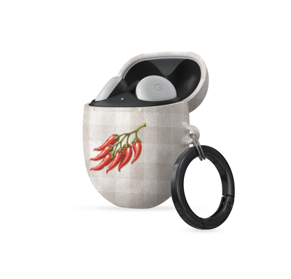 Scarlet Spice Google Pixel Buds Case with watercolour red chillies on soft cream gingham
