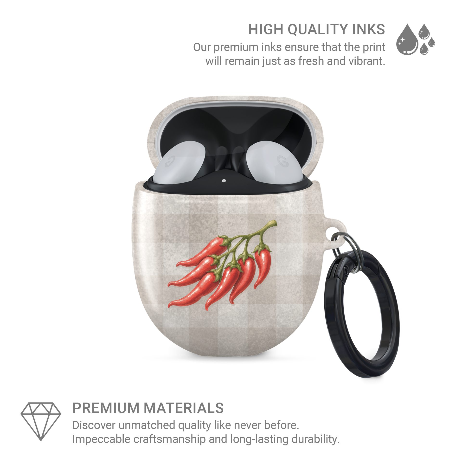 Scarlet Spice Google Pixel Buds Case with watercolour red chillies on soft cream gingham
