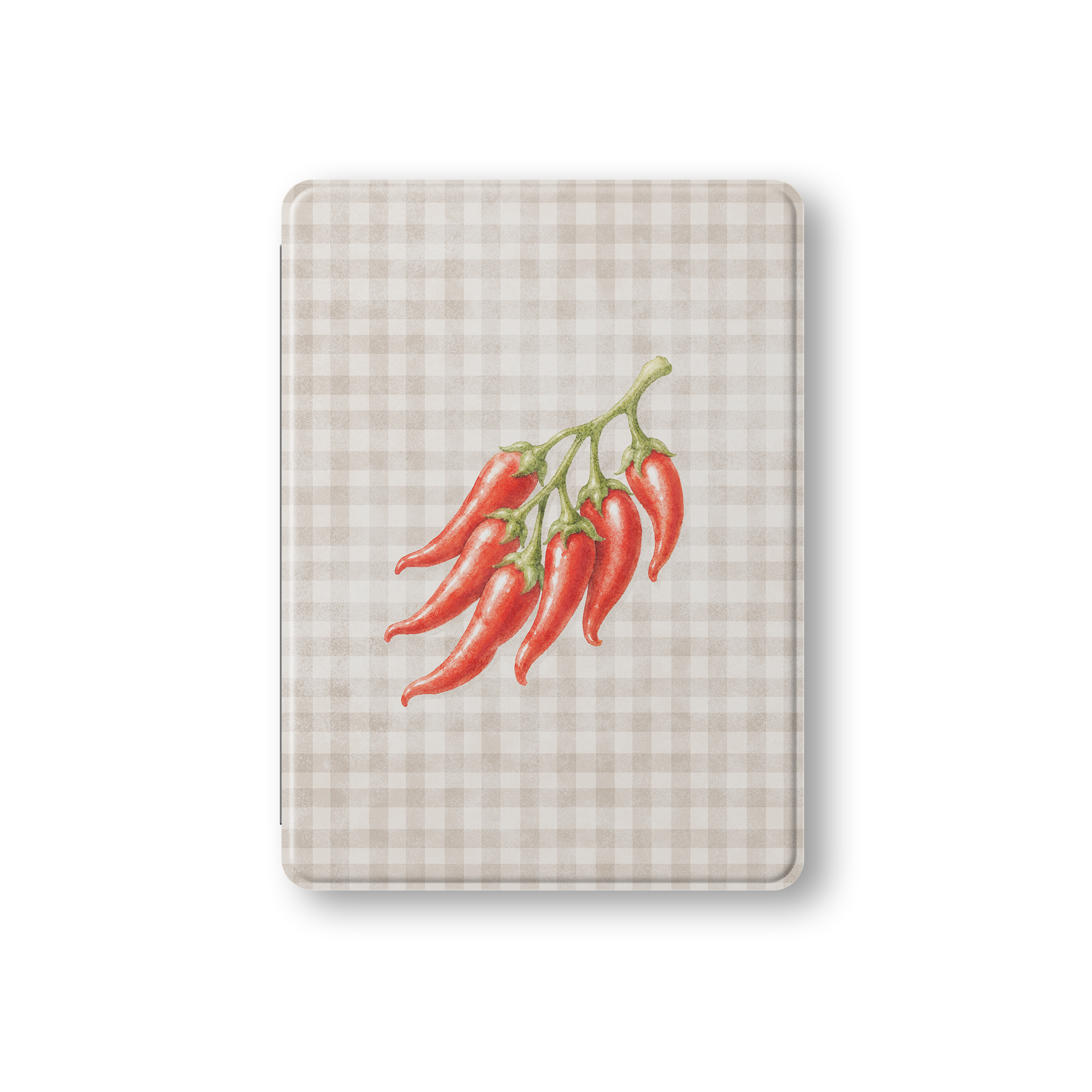 Scarlet Spice iPad Folio Case with watercolour red chillies on soft cream gingham
