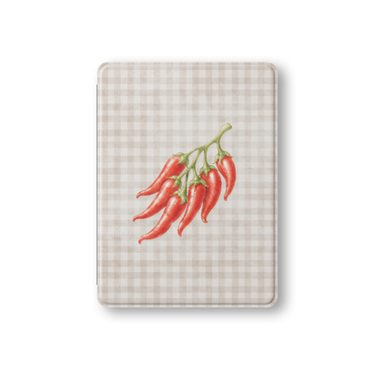 Scarlet Spice iPad Folio Case with watercolour red chillies on soft cream gingham
