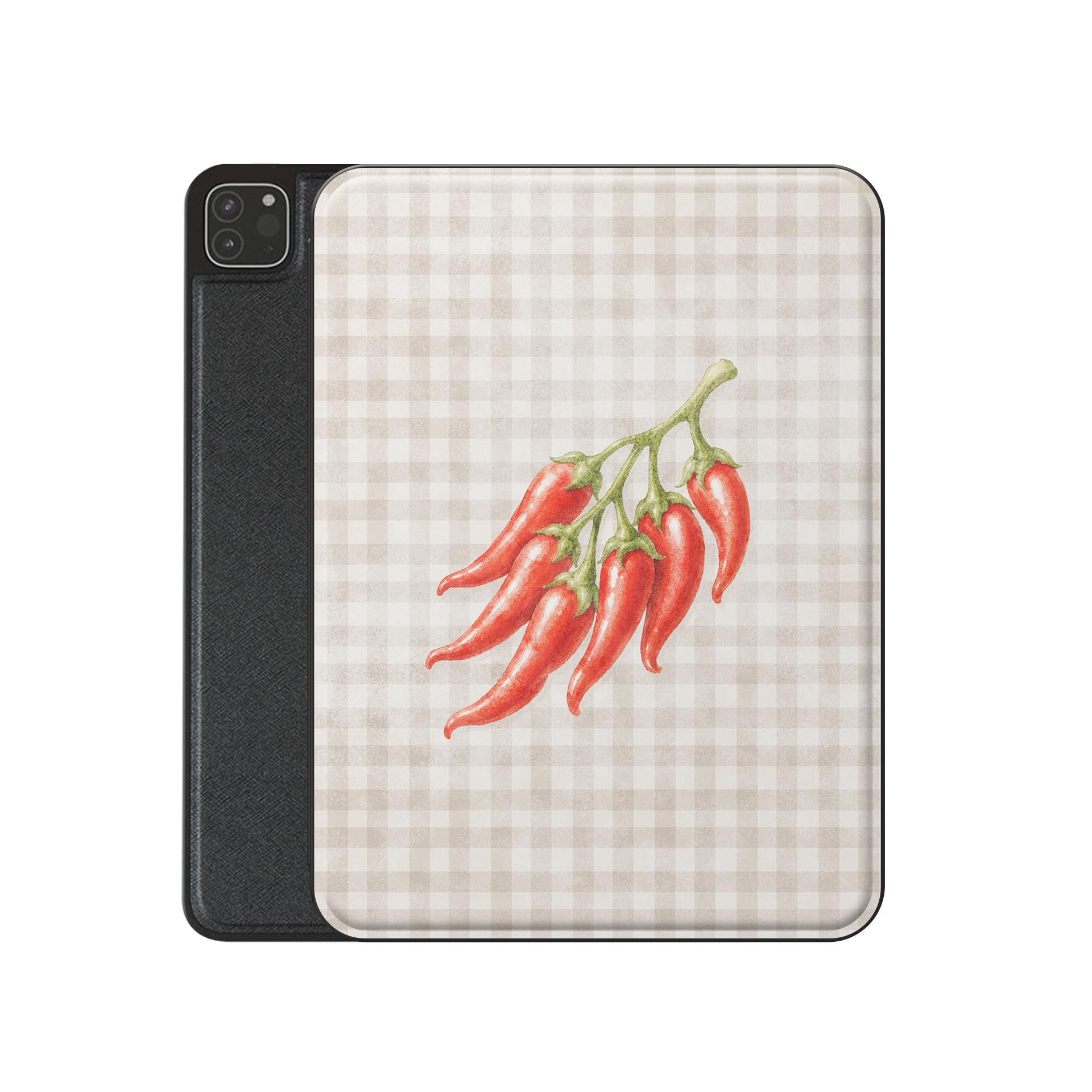 Scarlet Spice iPad Folio Case with watercolour red chillies on soft cream gingham

