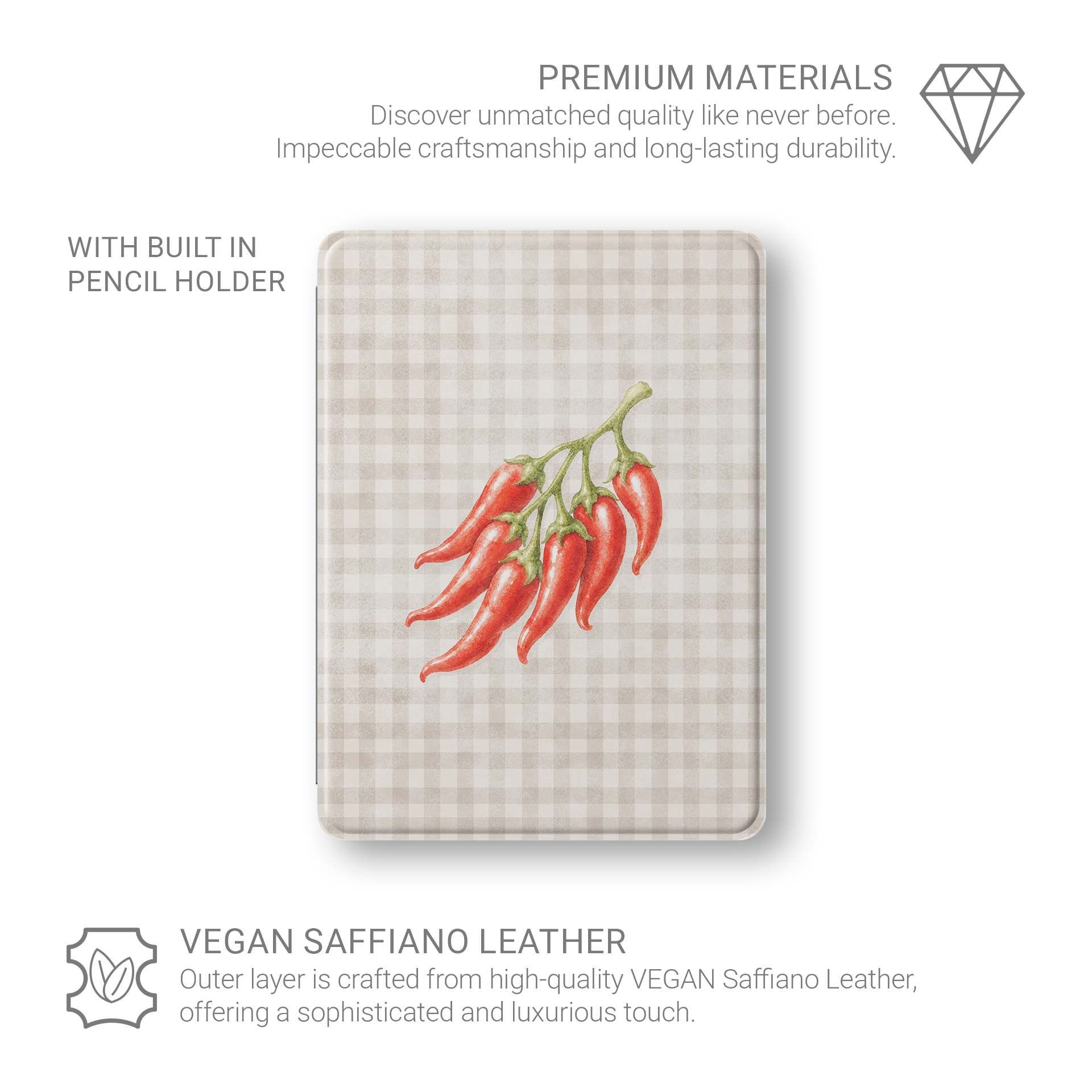 Scarlet Spice iPad Folio Case with watercolour red chillies on soft cream gingham
