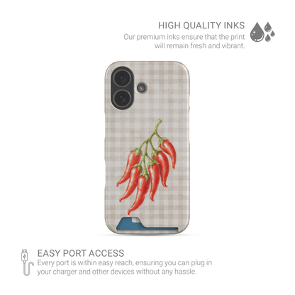 card phone case, card slot case, one card case, slim phone case, chilli phone case, chilli pepper case, red pepper case, watercolour case, botanical chilli, gingham chilli, spicy phone case, scarlet spice, cream gingham
