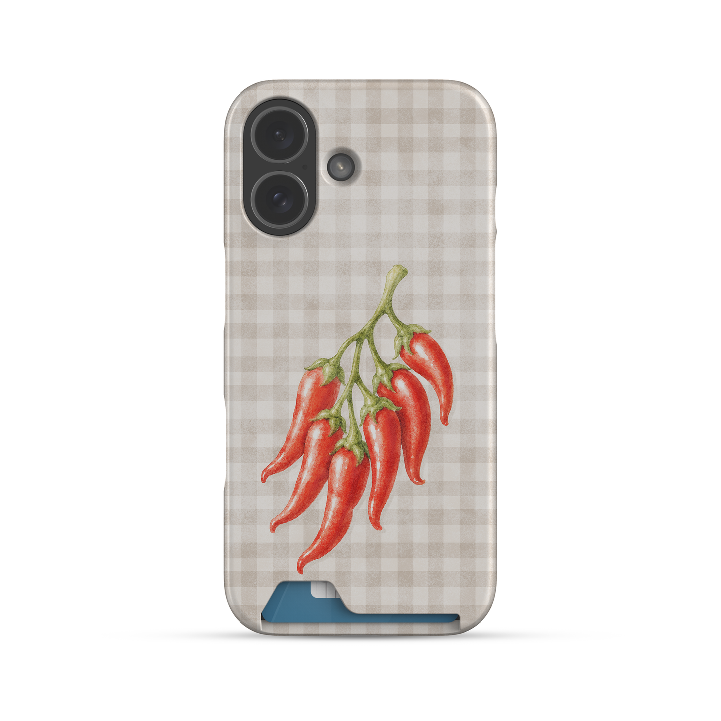 card phone case, card slot case, one card case, slim phone case, chilli phone case, chilli pepper case, red pepper case, watercolour case, botanical chilli, gingham chilli, spicy phone case, scarlet spice, cream gingham
