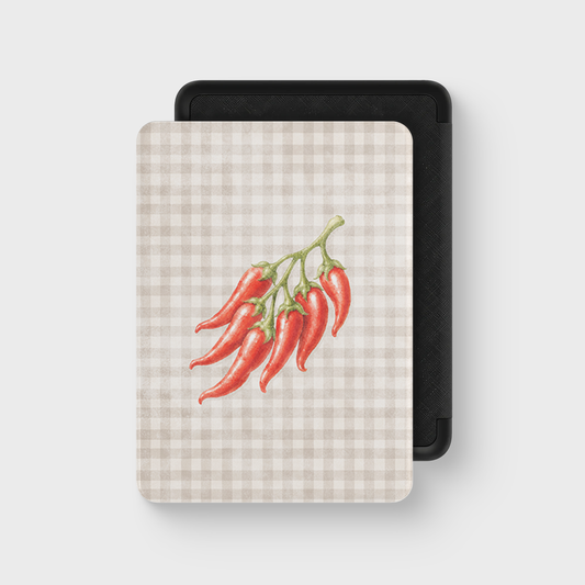 Scarlet Spice Kindle Case with watercolour red chillies on soft cream gingham
