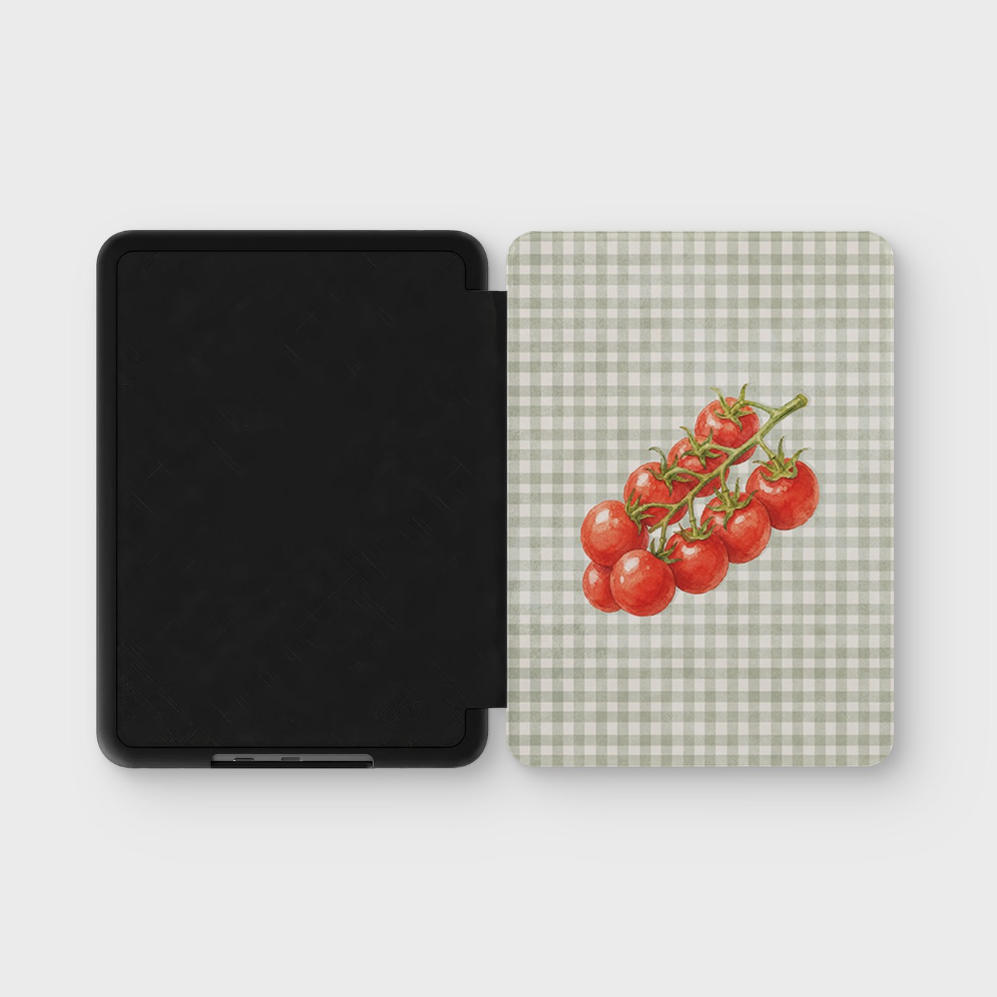 Garden Bounty Kindle Case with watercolour red tomato vine on soft sage gingham
