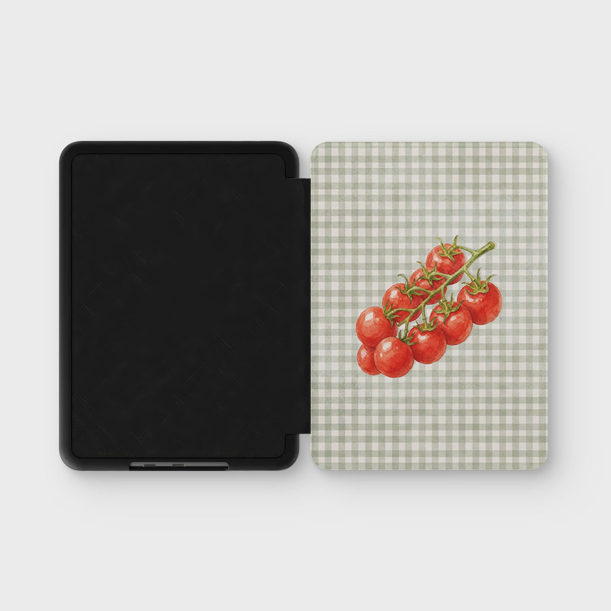 Garden Bounty Kindle Case with watercolour red tomato vine on soft sage gingham
