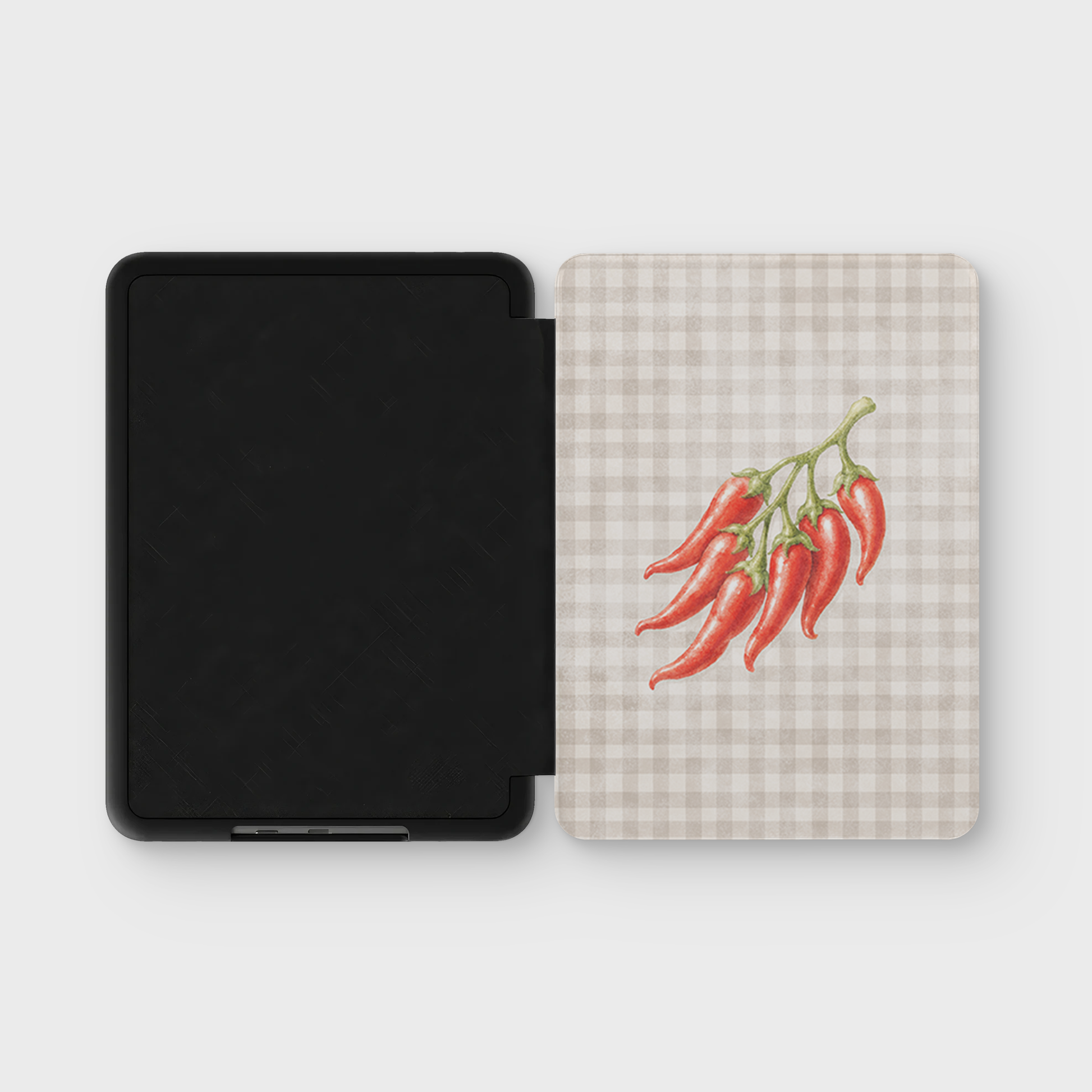 Scarlet Spice Kindle Case with watercolour red chillies on soft cream gingham
