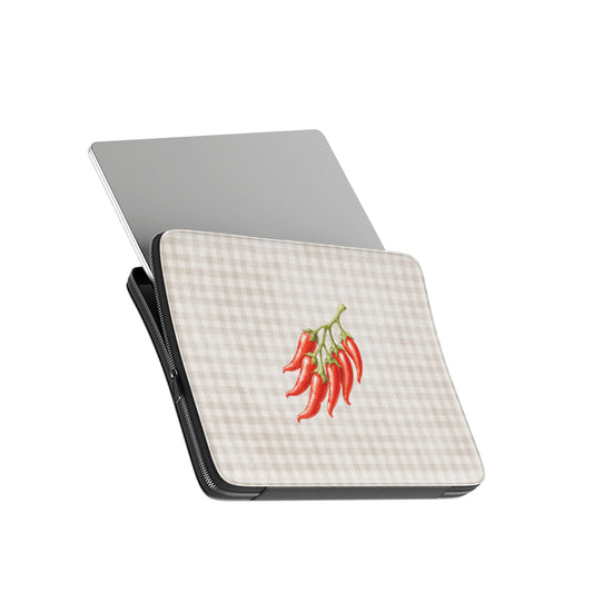Scarlet Spice Laptop Sleeve with watercolour red chillies on soft cream gingham
