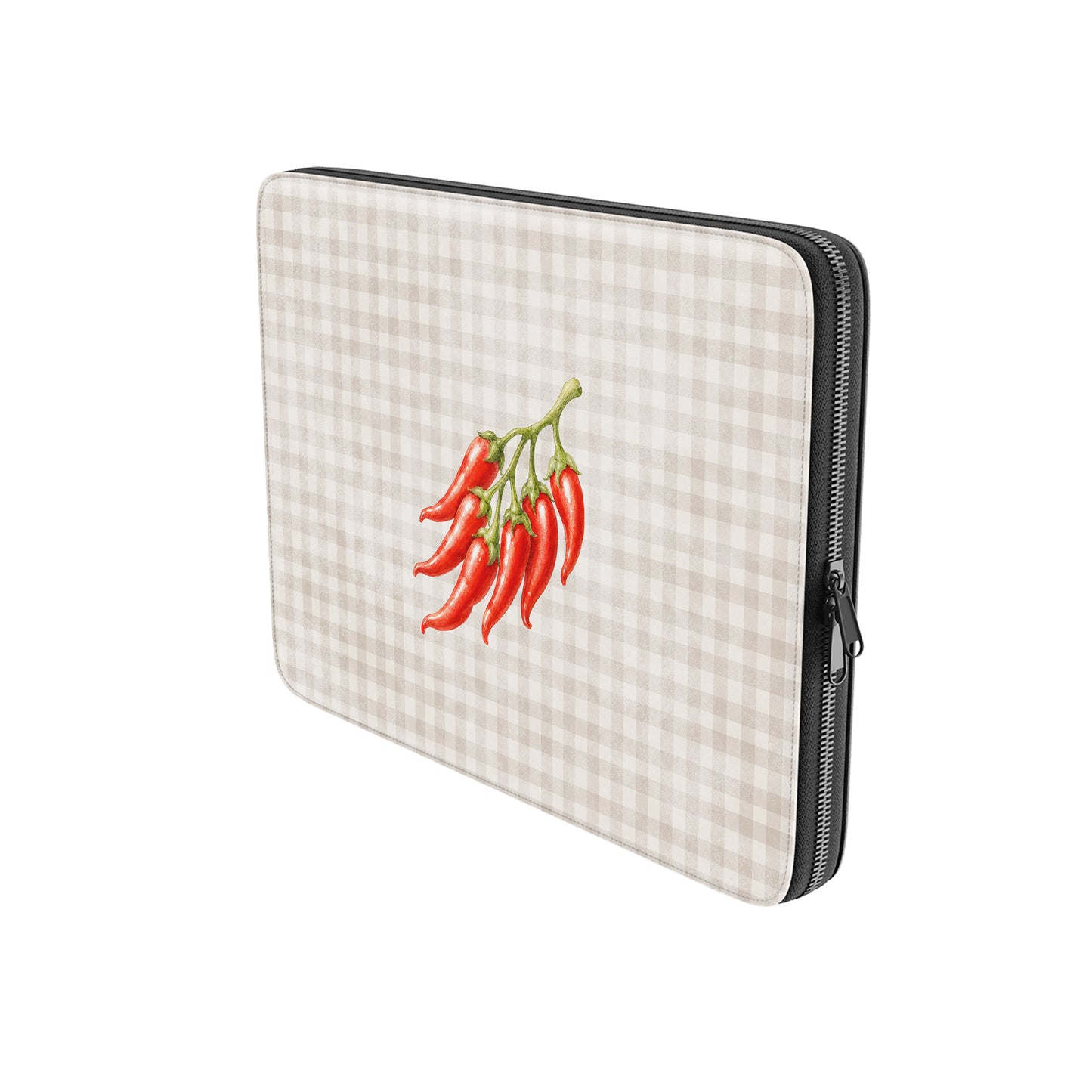 Scarlet Spice Laptop Sleeve with watercolour red chillies on soft cream gingham
