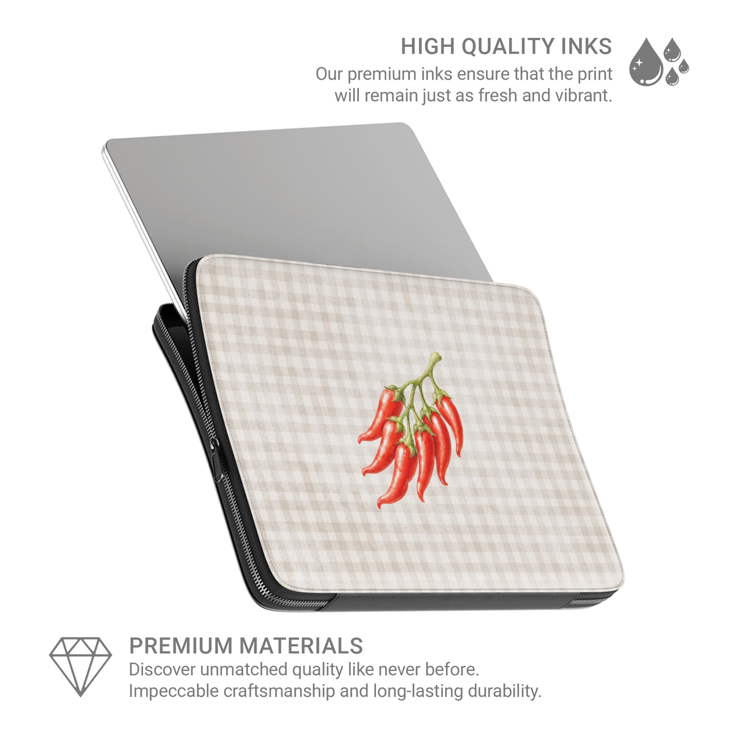 Scarlet Spice Laptop Sleeve with watercolour red chillies on soft cream gingham
