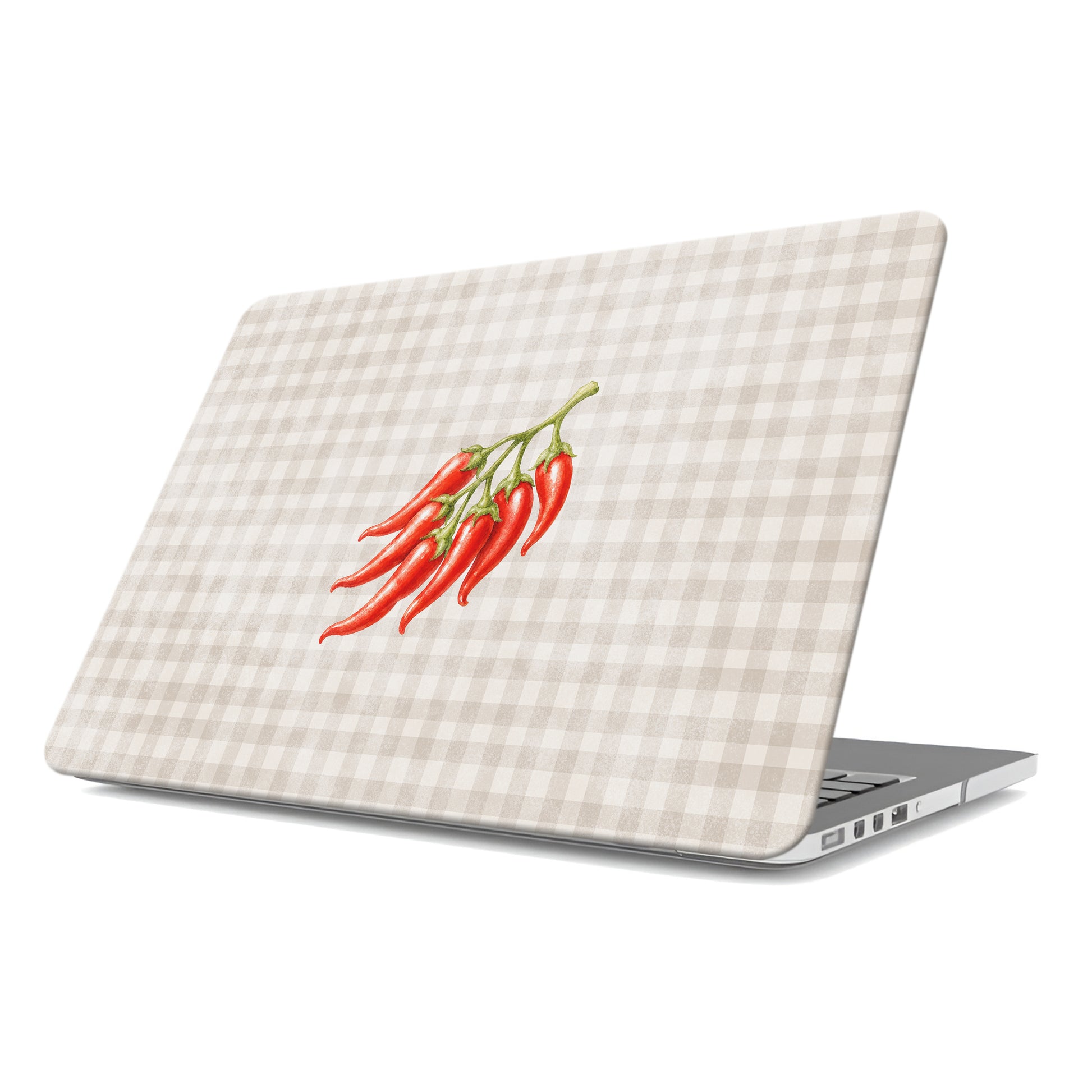 Scarlet Spice MacBook Case with watercolour red chillies on soft cream gingham
