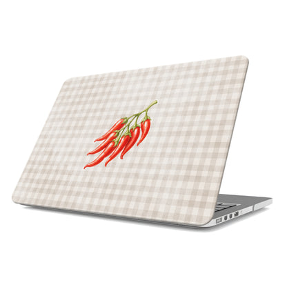 Scarlet Spice MacBook Case with watercolour red chillies on soft cream gingham
