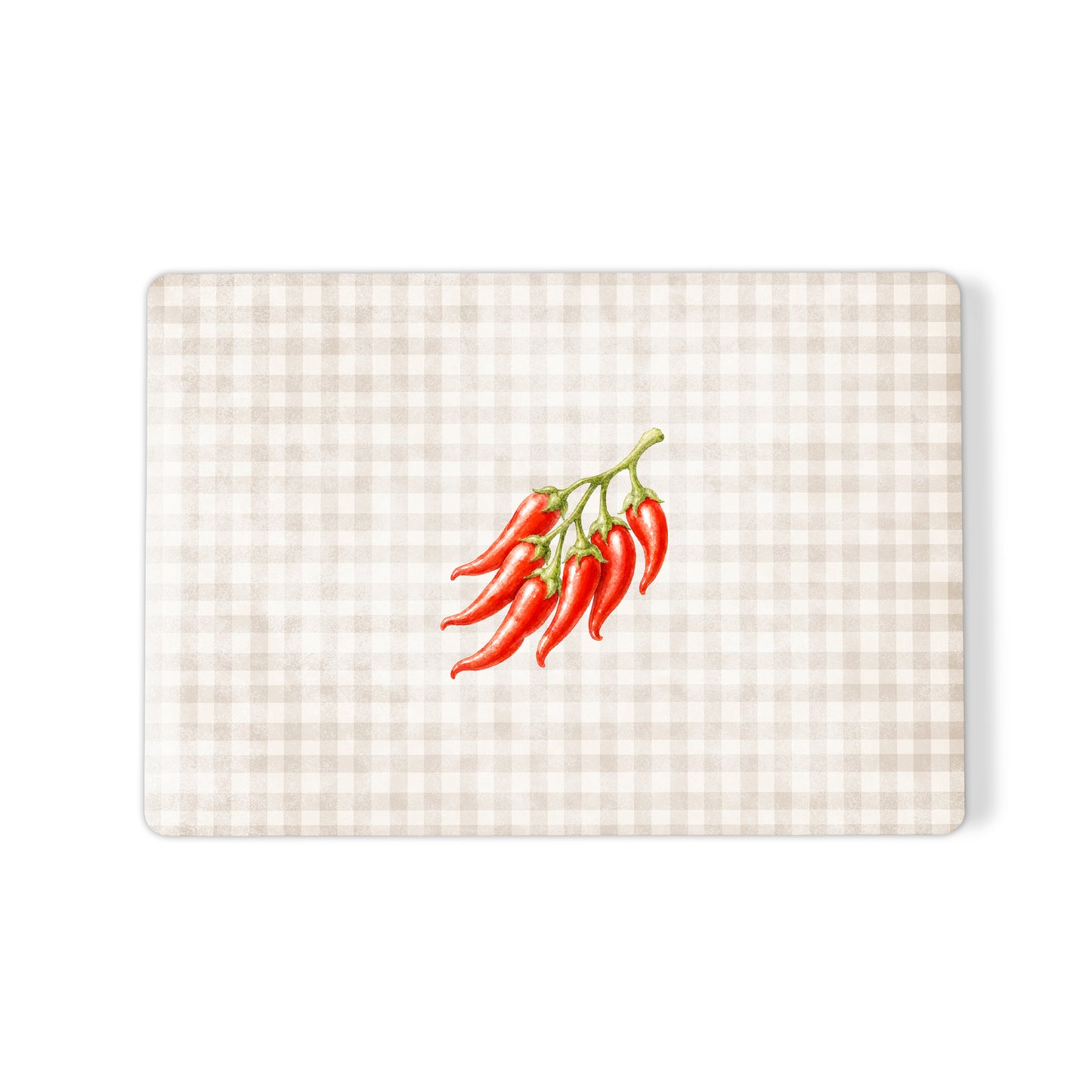 Scarlet Spice MacBook Case with watercolour red chillies on soft cream gingham
