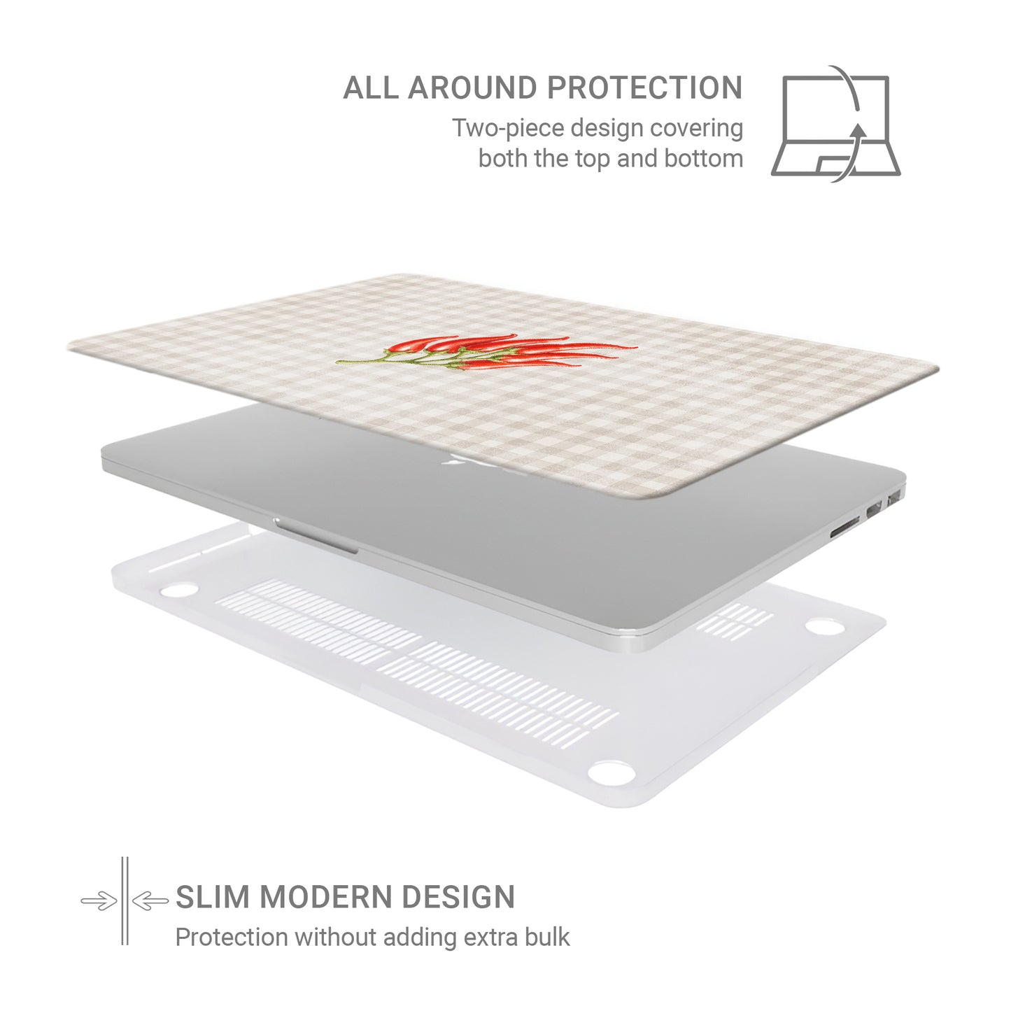 Scarlet Spice MacBook Case with watercolour red chillies on soft cream gingham
